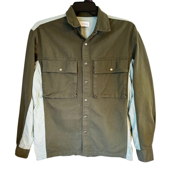 Topman Men’s Twill Colorblock Snap Front Forest Green Blue Pocketed Top Sz L-XL - Picture 2 of 12